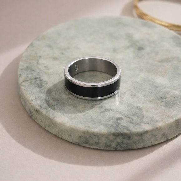 Tungsten Jewelry - Tungsten Black & Silver Band Ring | Unisex Modern Minimalist (Size 5.75)